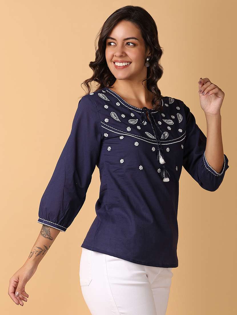 women navy blue cotton regular top - 21260548 -  Standard Image - 2