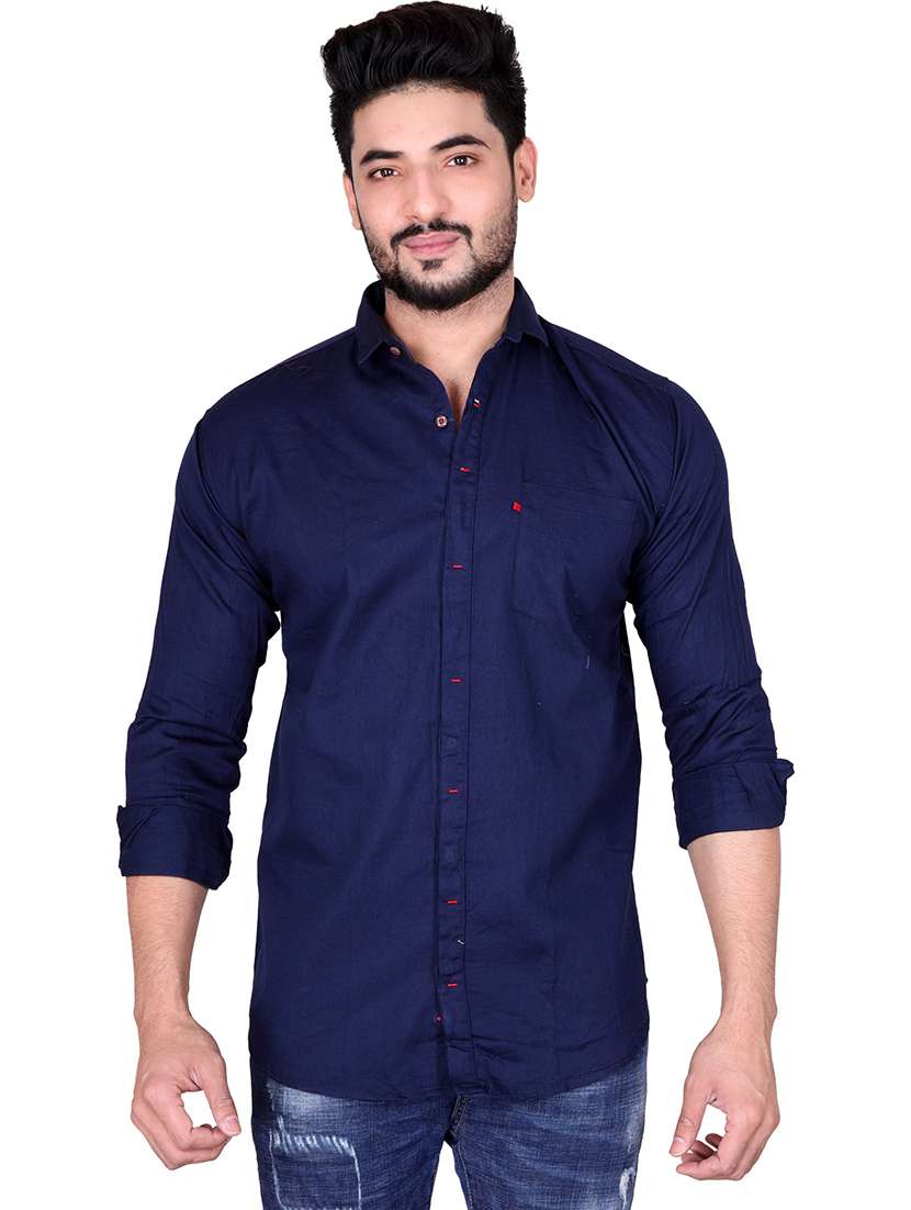 navy blue solid cotton casual shirt
