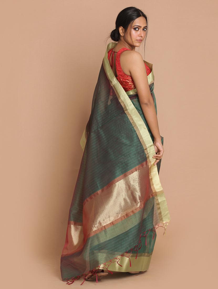 green poly blend banarasi saree with blouse - 21271442 - Standard Image - 2