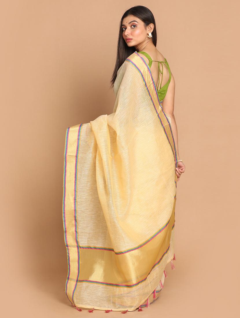 gold linen blend banarasi saree with blouse - 21271560 - Standard Image - 2
