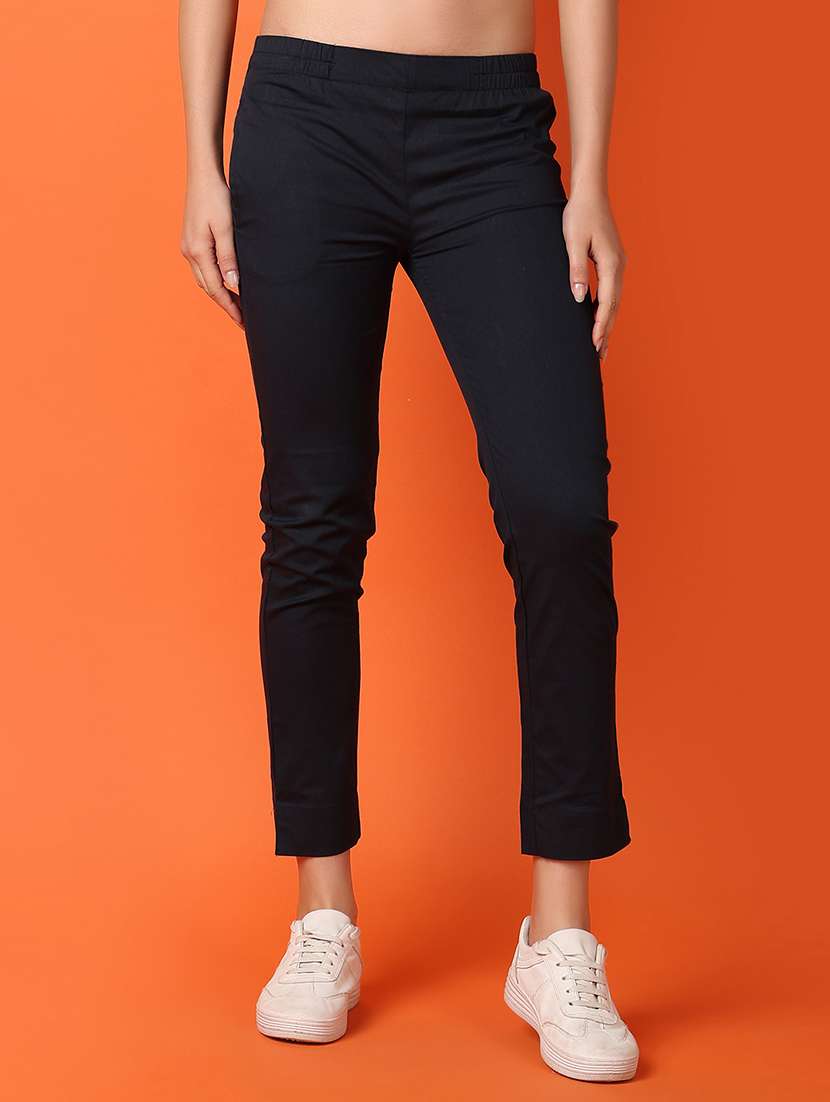 women navy blue cotton cigarette pants 