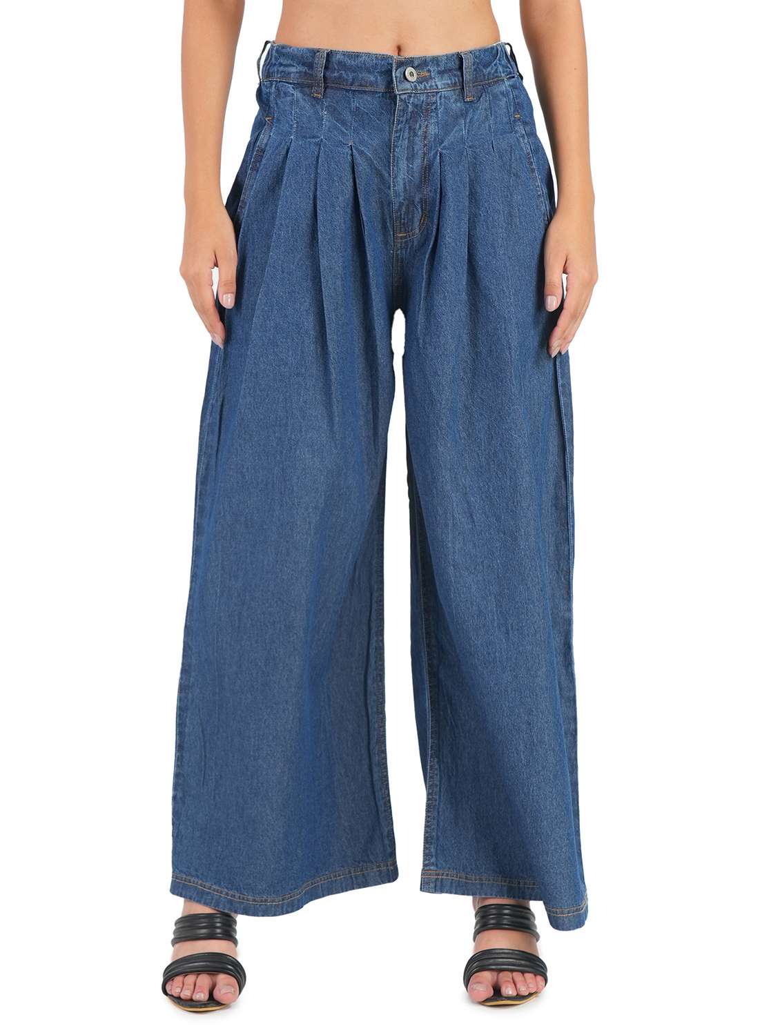 women solid high rise baggy leg jean