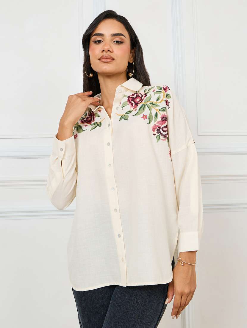 women off white embroidered oversized shirt
