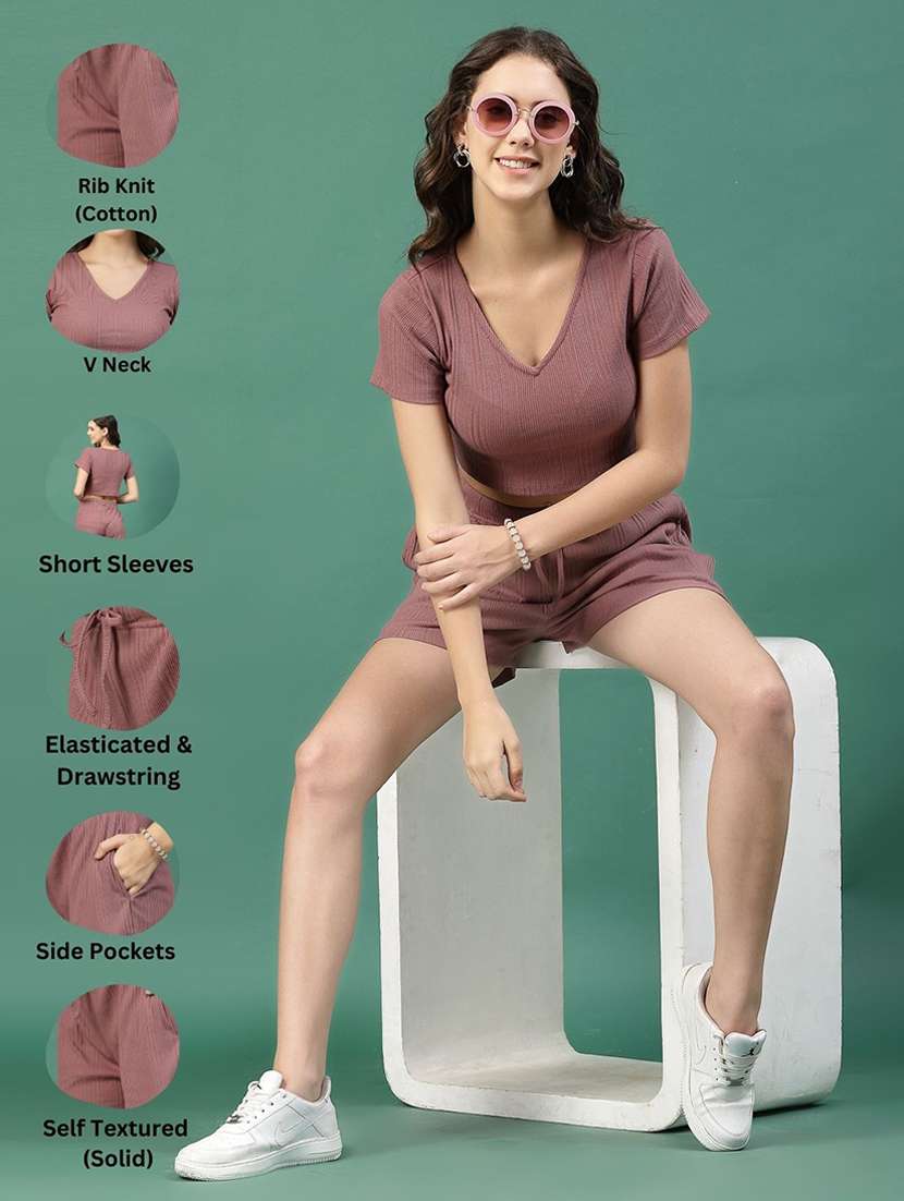 mauve cotton top and shorts co-ord set - 21276118 -  Standard Image - 2