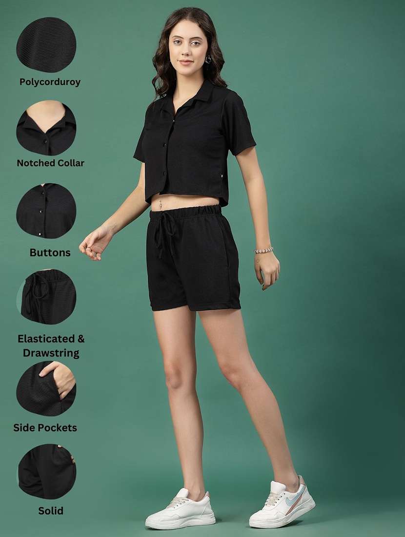 black polyester top and shorts set coord - 21276122 -  Standard Image - 2