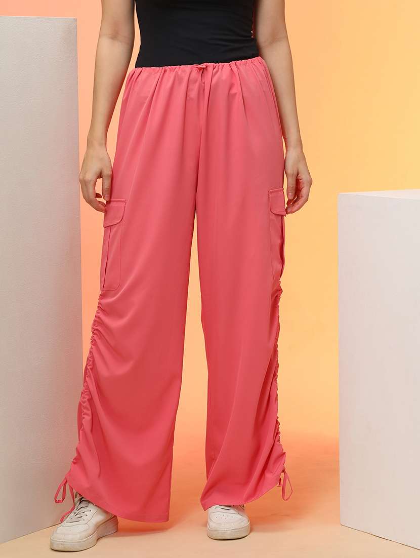 globus women rose pink loose fit side ruching high rise cargo jogger with drawstring 
