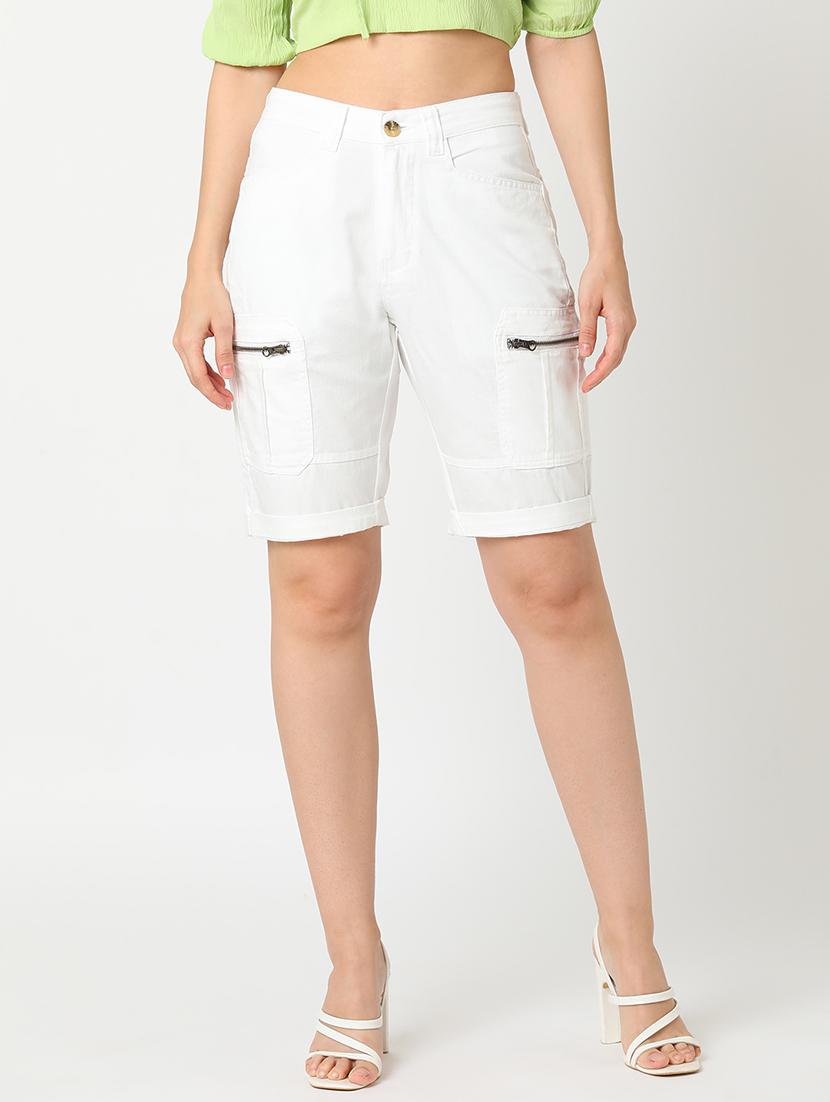 globus women white stretchable mid rise slim fit washed cargo shorts - 21276143 -  Zoom Image - 0