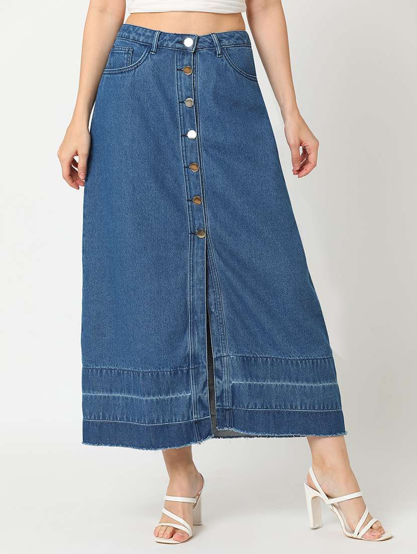 globus women med blue washed denim front slit a-line midi skirt