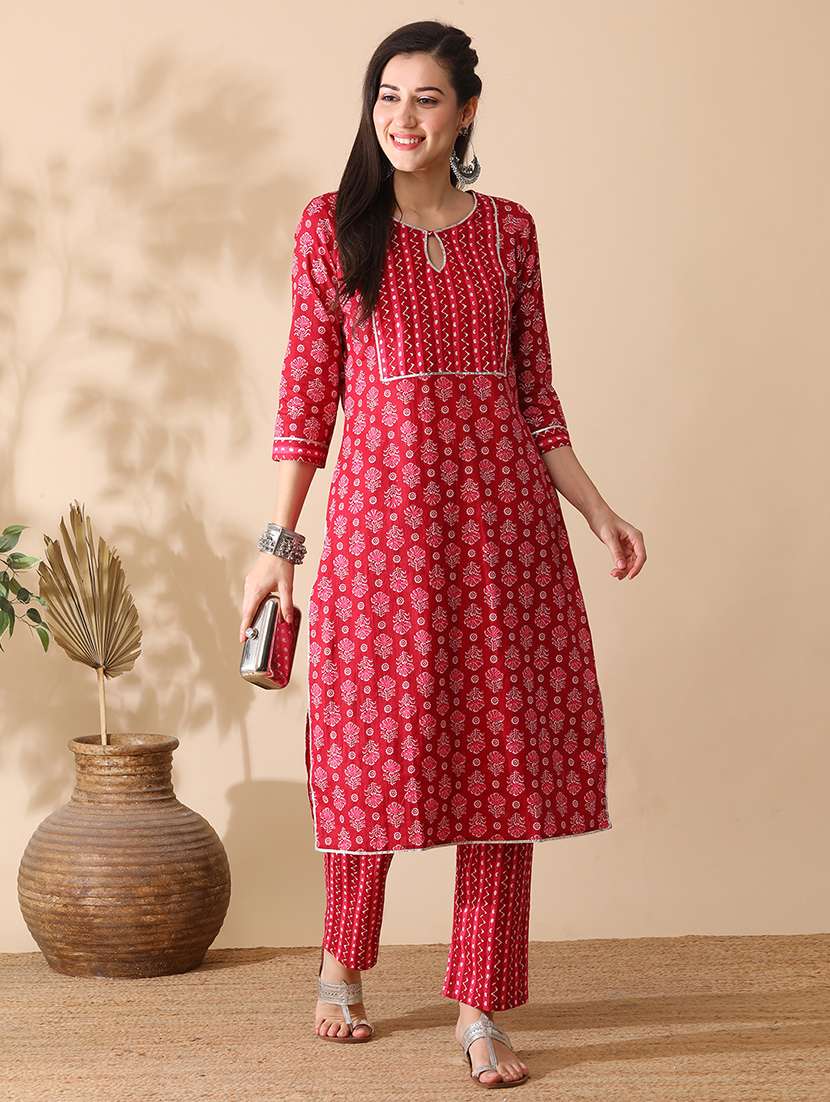 globus women pink keyhole neck allover printed straight workwear kurta & trouser set
