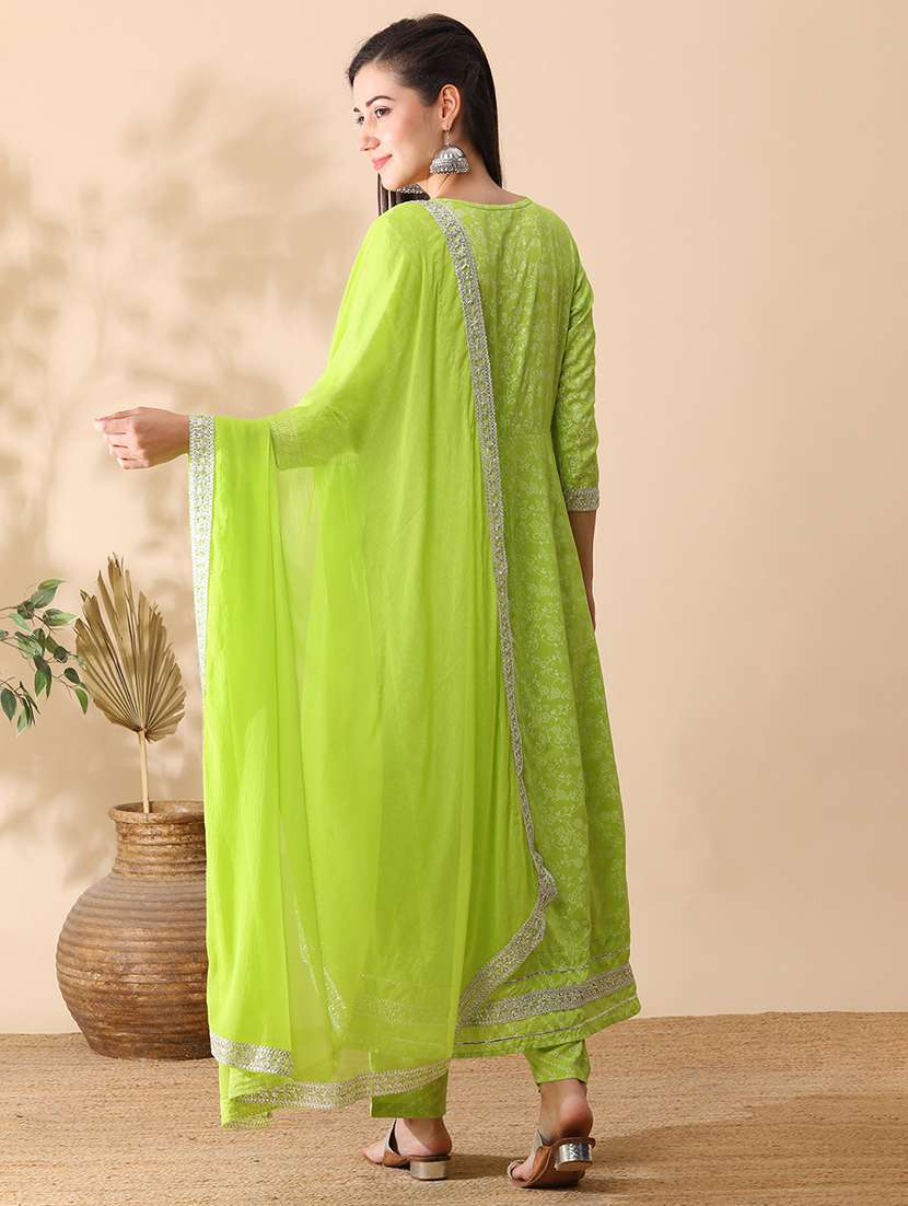 globus women green floral printed anarkali festive kurta with narrow pant & dupatta set - 21276150 -  Standard Image - 2