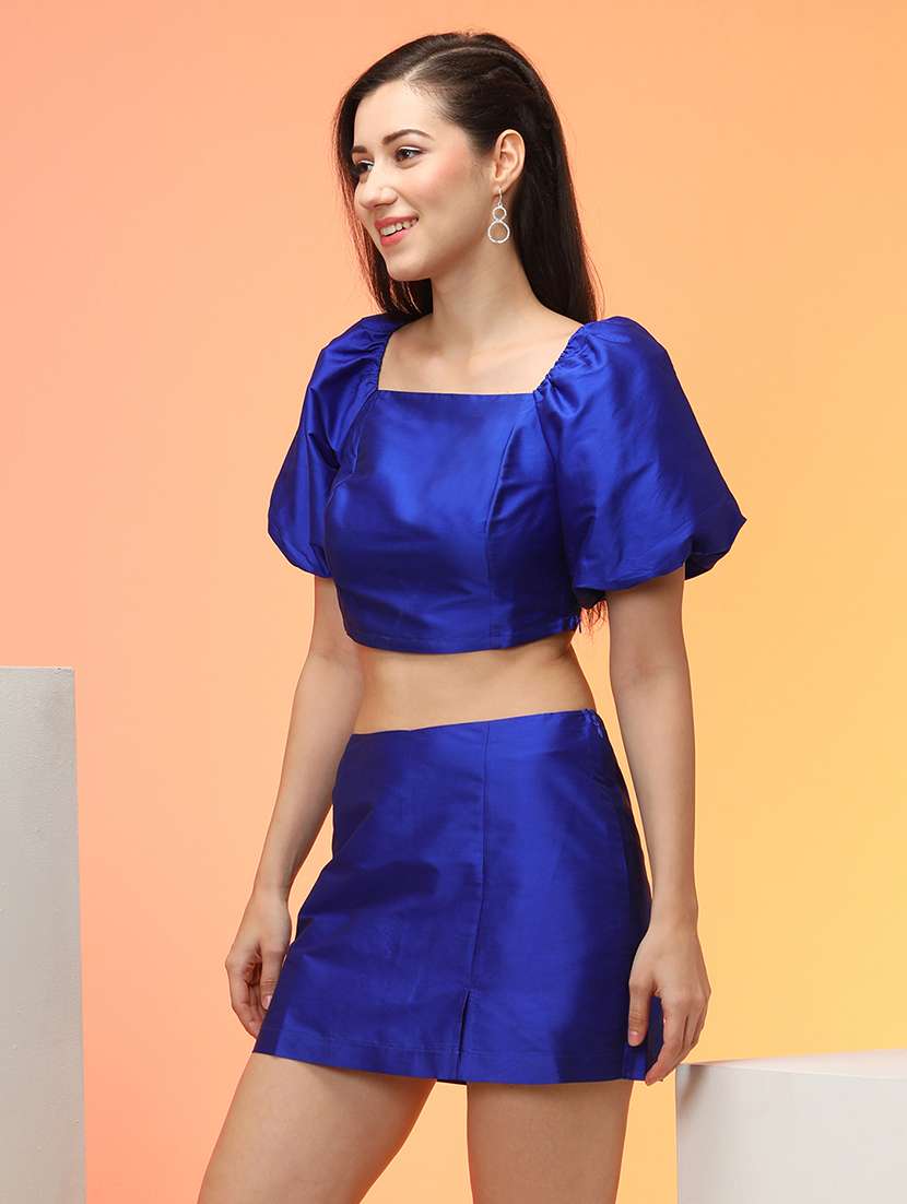 globus women blue balloon sleeve crop top with mini skorts party co-ord set