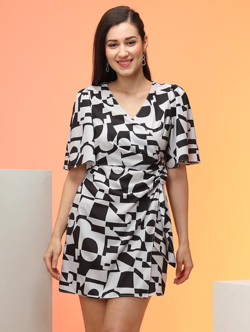globus women white geometric print ruched mini wrap dress - 21276160 -  Zoom Image - 0