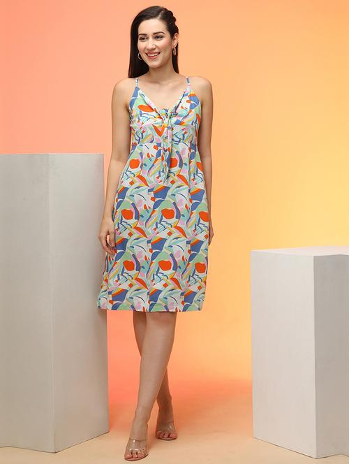 globus women multi abstract print knee-length a-line dress with tie-up neck - 21276164 -  Standard Image - 0