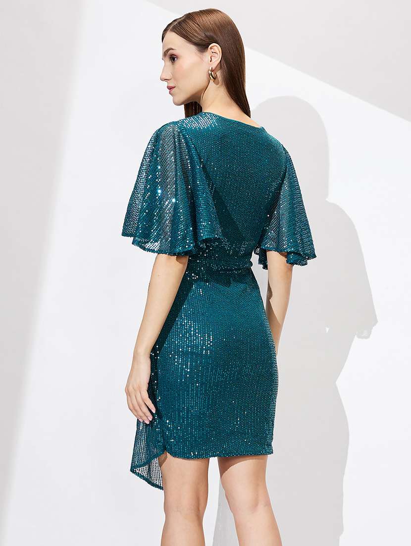globus women teal wrap neck flared sleeves sequinned mini bodycon party dress - 21276172 -  Standard Image - 2