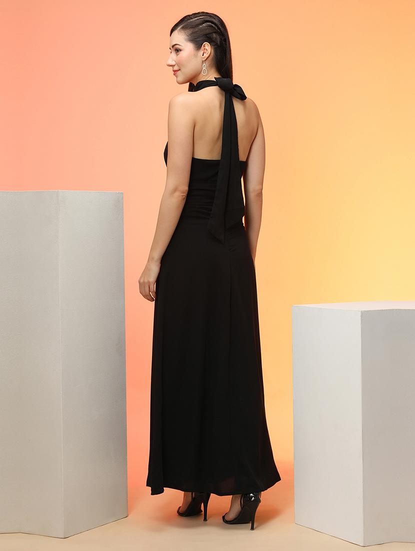 globus women black halter neck tie-up back fit & flare maxi dress - 21276175 - Standard Image - 2