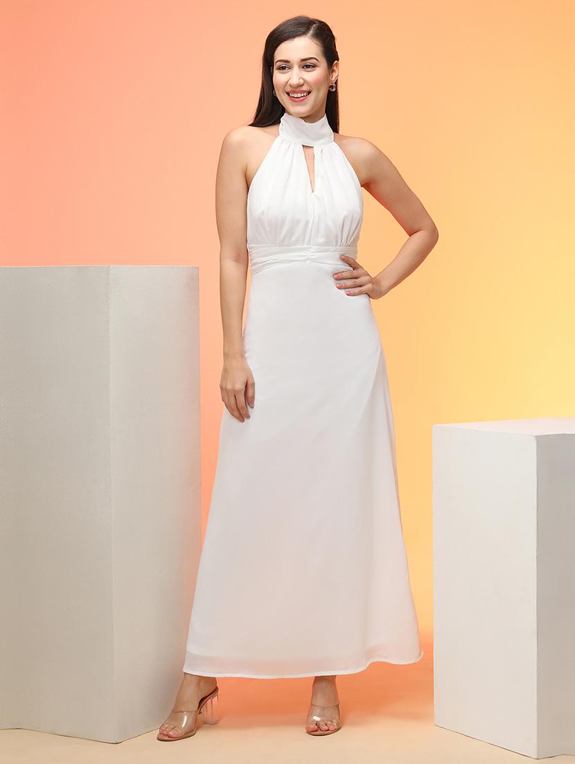 globus women white halter neck tie-up back fit & flare maxi dress - 21276177 -  Zoom Image - 0