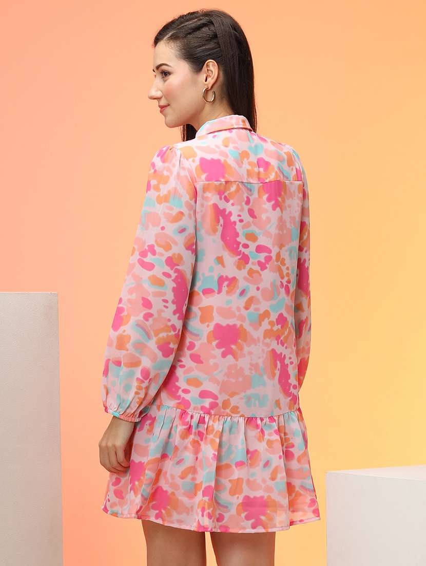 globus women pink abstract printed shirt collar bishop sleeves gathered a-line workwear dress - 21276180 - Standard Image - 2