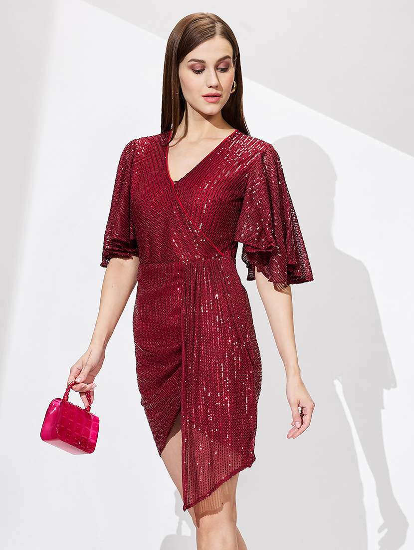 Globus Women Maroon Wrap Neck Flared Sleeves Sequinned Mini Bodycon Party Dress