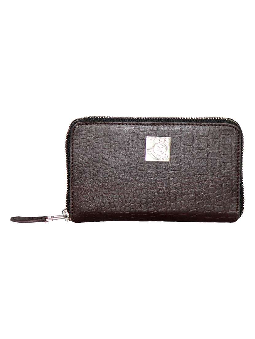 brown leather croco embossed zipper wallet