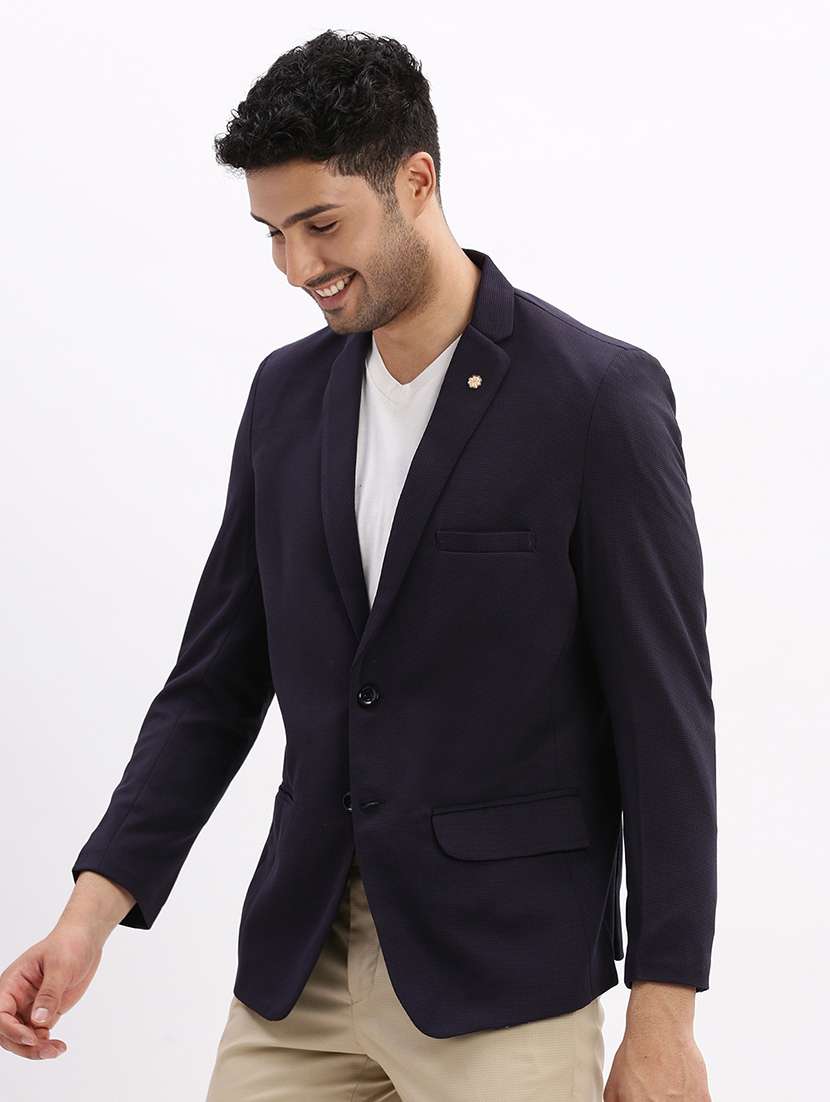 men's solid notched lapel navy blue single breasted blazer - 21276915 -  Standard Image - 2