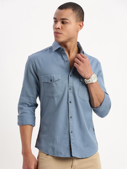 men light blue slim fit solid casual shirt with double pockets - 21277175 -  Standard Image - 0