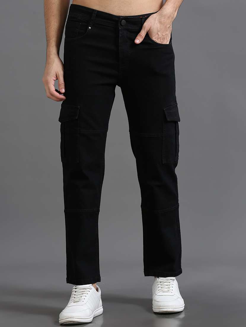 men solid black cargo jeans