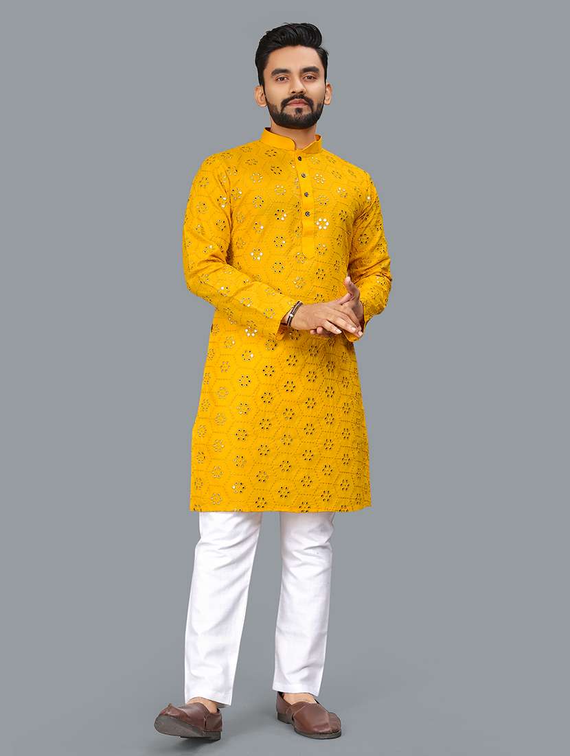 men mirror work mandarin neck long kurta