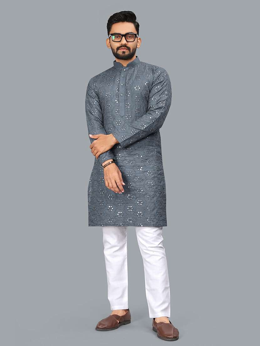 men mirror work mandarin neck long kurta