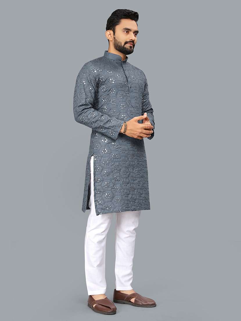 men mirror work mandarin neck long kurta - 21277572 -  Standard Image - 2