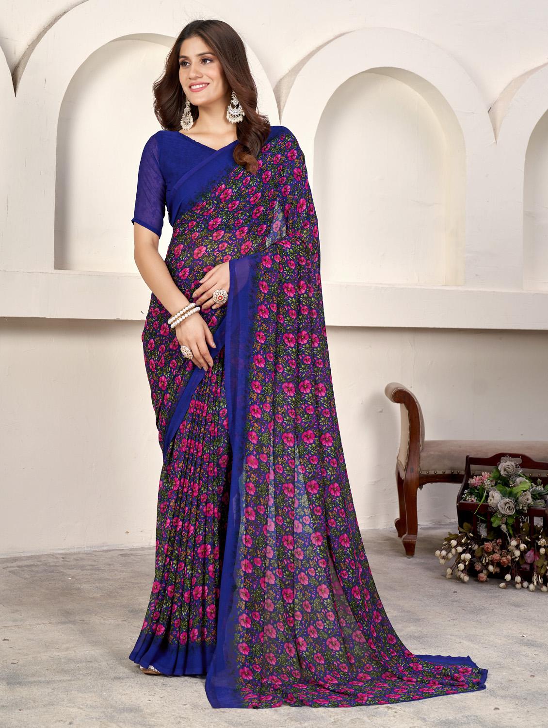 royal blue georgette printed saree with blouse - 21278056 -  Zoom Image - 0