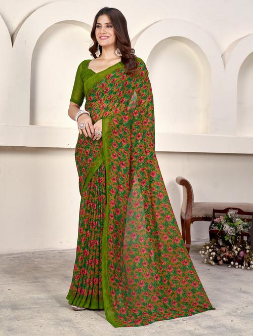 green georgette printed saree with blouse - 21278058 -  Standard Image - 0