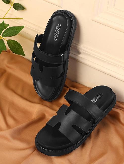 black pu slides flip flops - 21278259 - Standard Image - 0