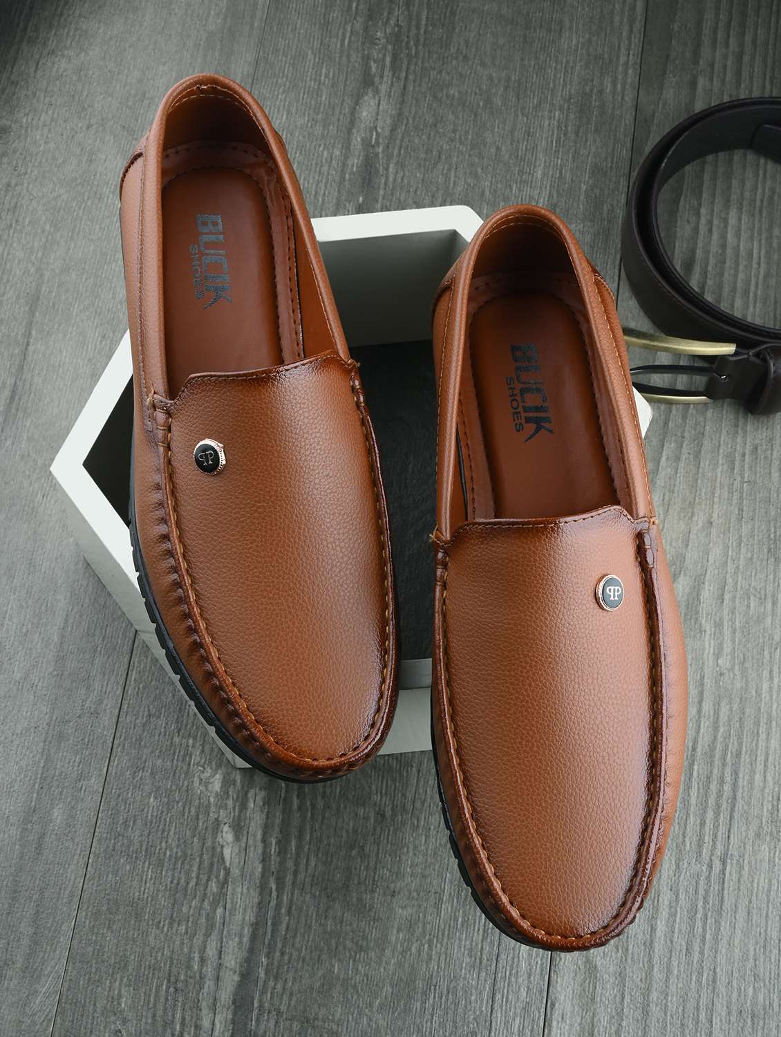 tan synthetic slip on loafers