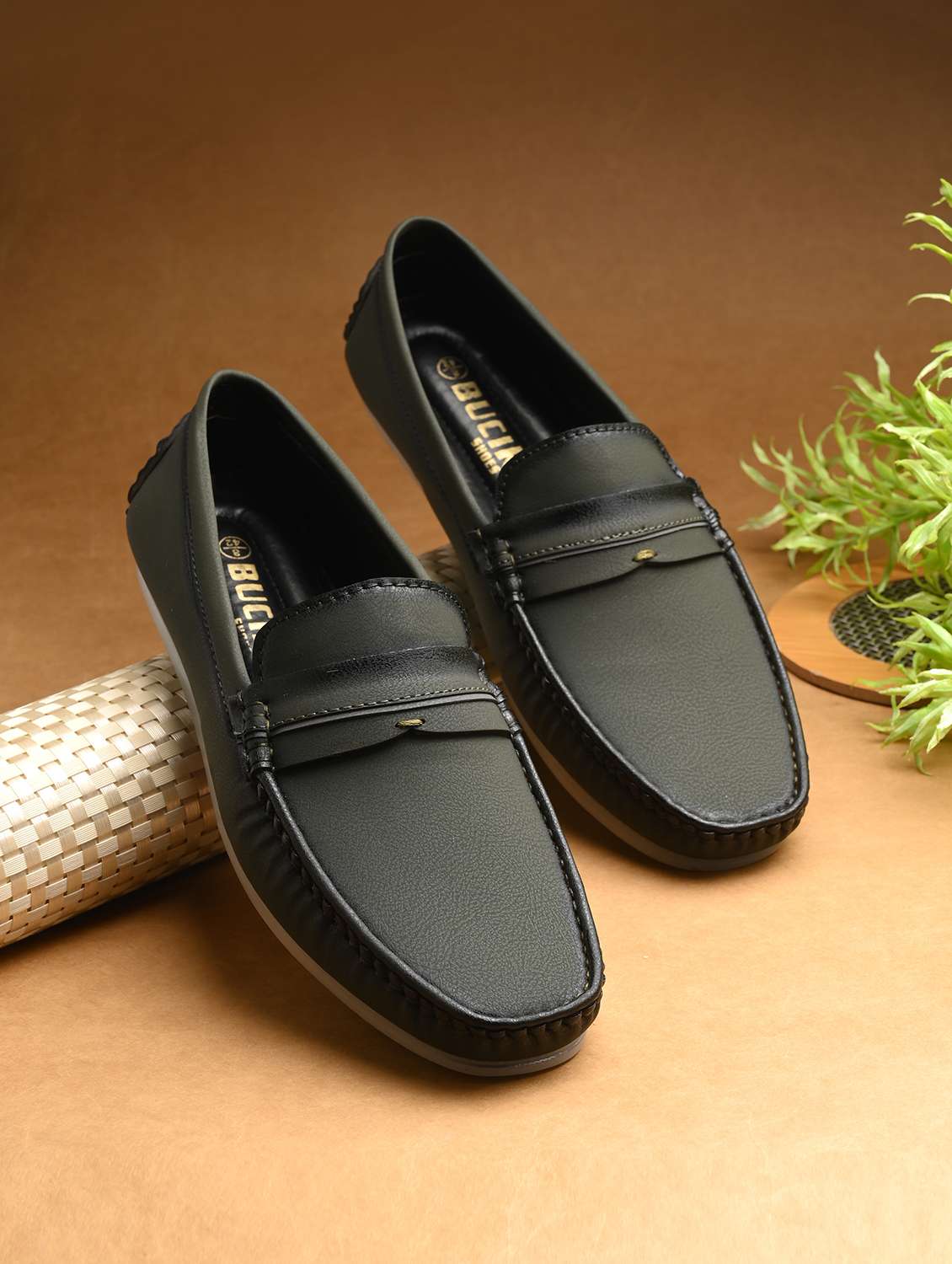 olive synthetic slip on loafers - 21278700 - Zoom Image - 0