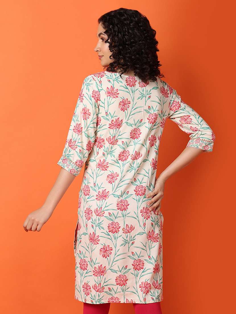 women floral three quarter sleeve straight kurta - 21278971 -  Standard Image - 2