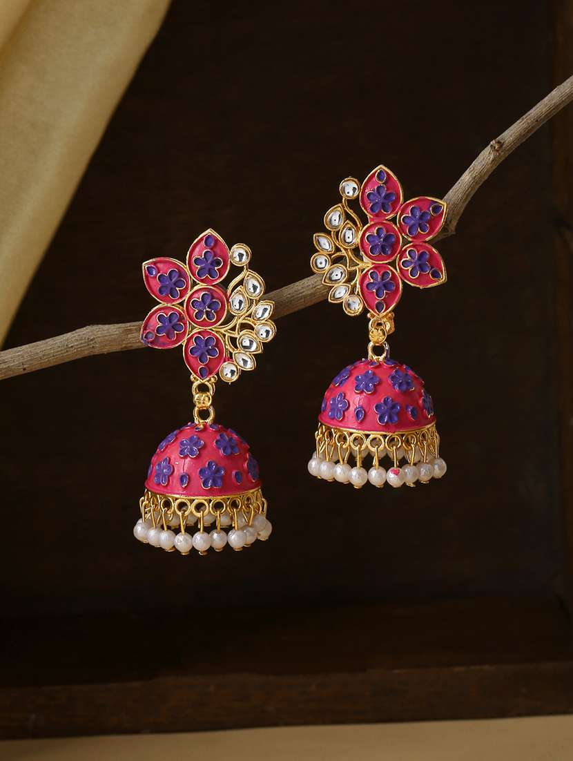 pink brass jhumka earrings - 21279391 -  Standard Image - 2