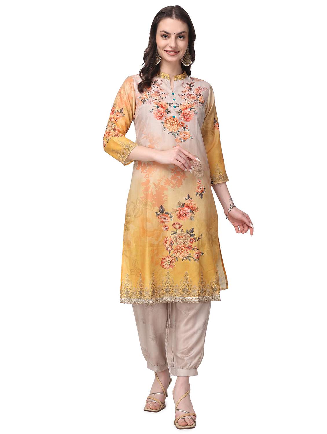 women three quarter sleeve kurta pant with dupatta set - 21279539 - Standard Image - 2