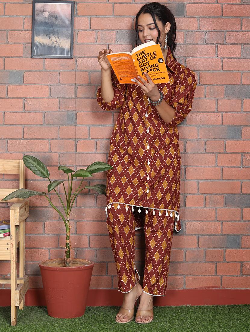 women brown shirt collar kurta pant set - 21279550 - Standard Image - 2