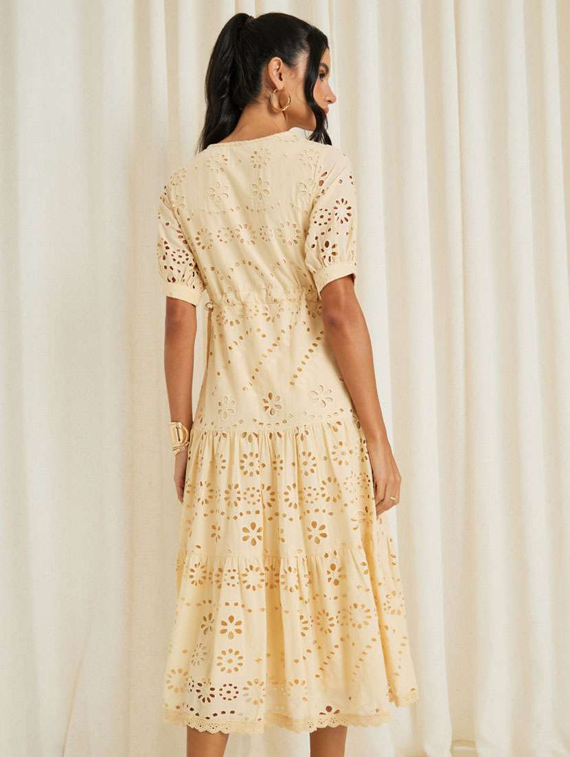 women solid puff sleeve schiffli tiered midi dress - 21281580 -  Standard Image - 2