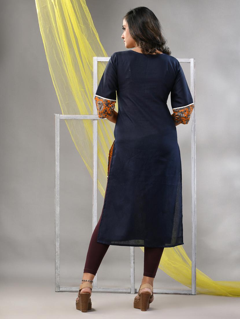 women navy blue cotton straight kurta - 21281843 - Standard Image - 2