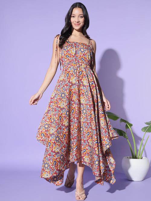 women printed shoulder strap asymmetric dress - 21281949 - Standard Image - 0