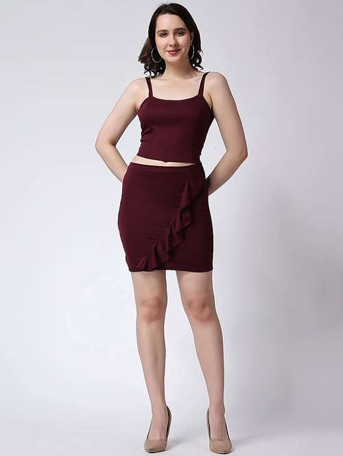 maroon lycra blend top & skirt co-ord set - 21285981 -  Standard Image - 0
