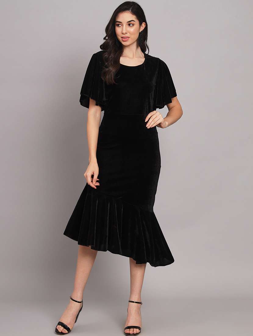 women black velvet asymmetric dress