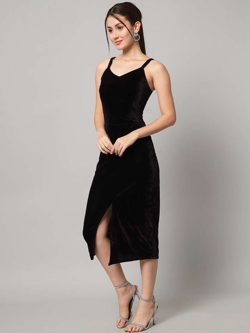 women solid shoulder strap bodycon dress