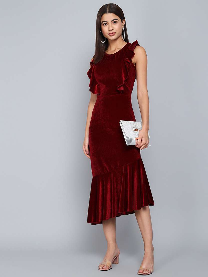 red velvet asymmetric dress