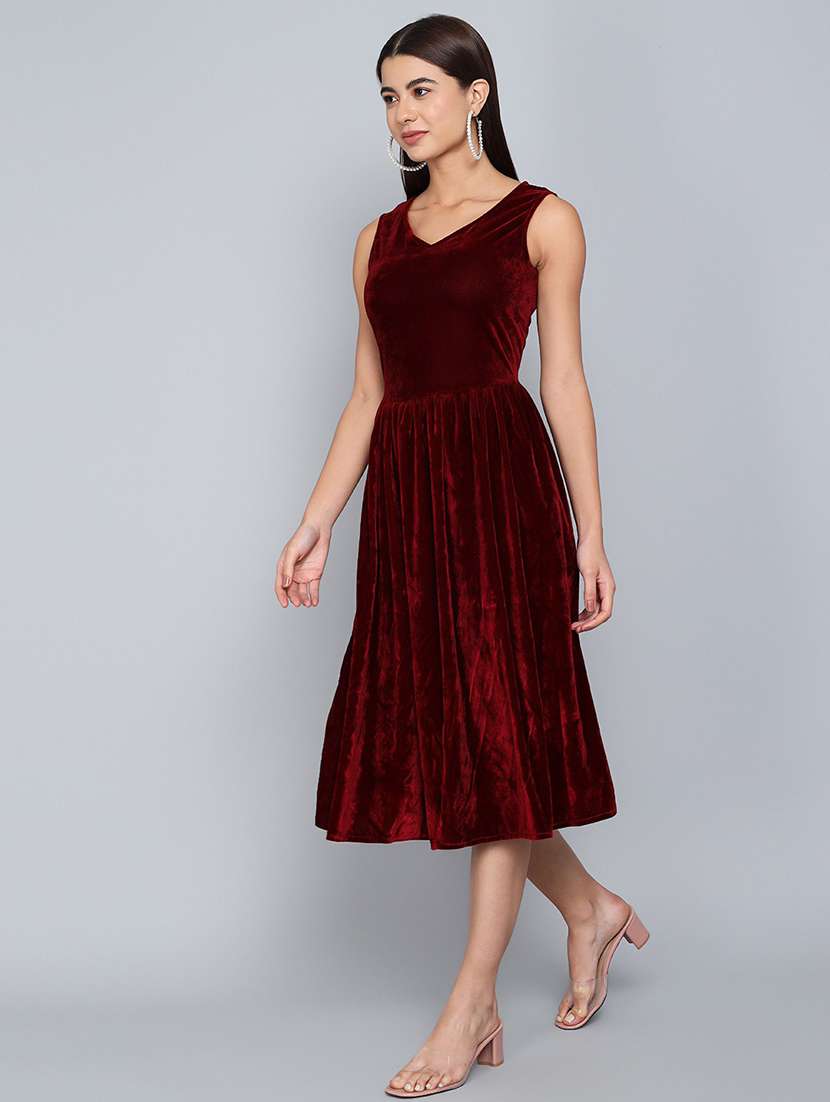 women maroon velvet fit & flare dress - 21286081 -  Standard Image - 2