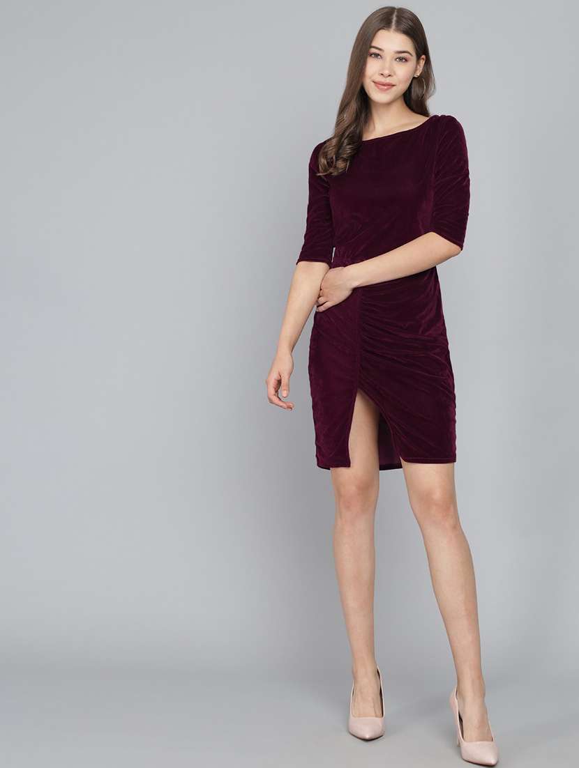 women solid three quarter sleeves bodycon dress