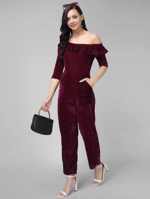 women maroon velvet full leg jumpsuit - 21286706 -  Standard Image - 0