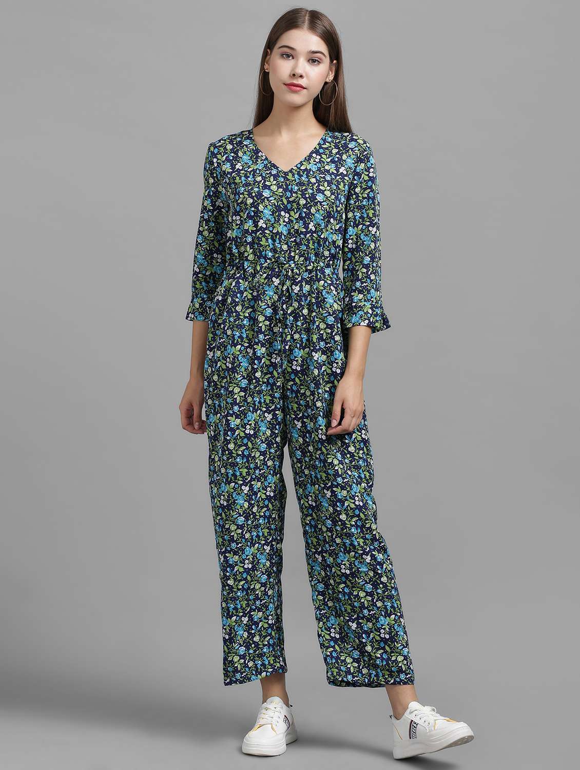 navy blue crepe full leg jumpsuit