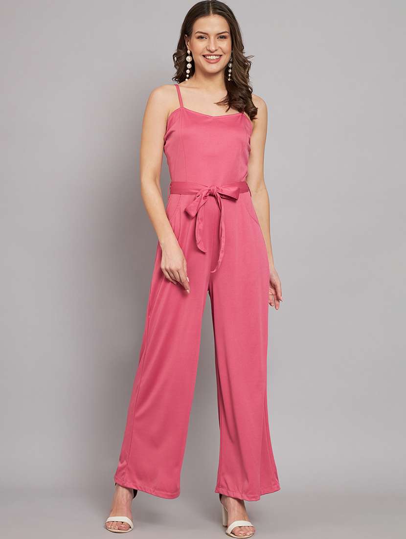 women pink cotton blend full leg jumpsuit